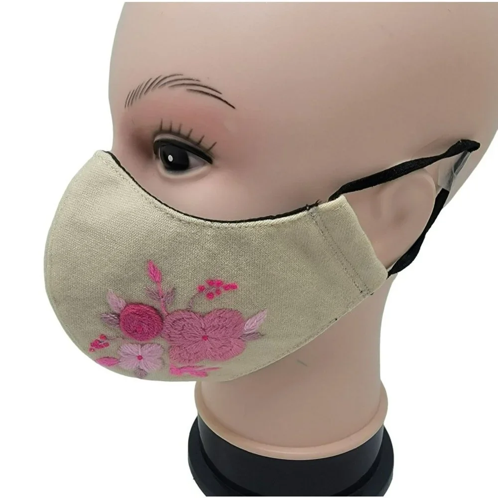 New Face cover ear loop Cream Mask Women's Embroidered handmade Pink flowers